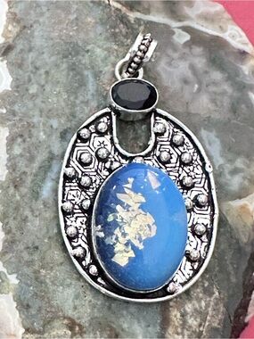 Handcrafted OPALITE, Sea Opal, Glass Artisan Silver-Tone Blue Oval Opal Pendant